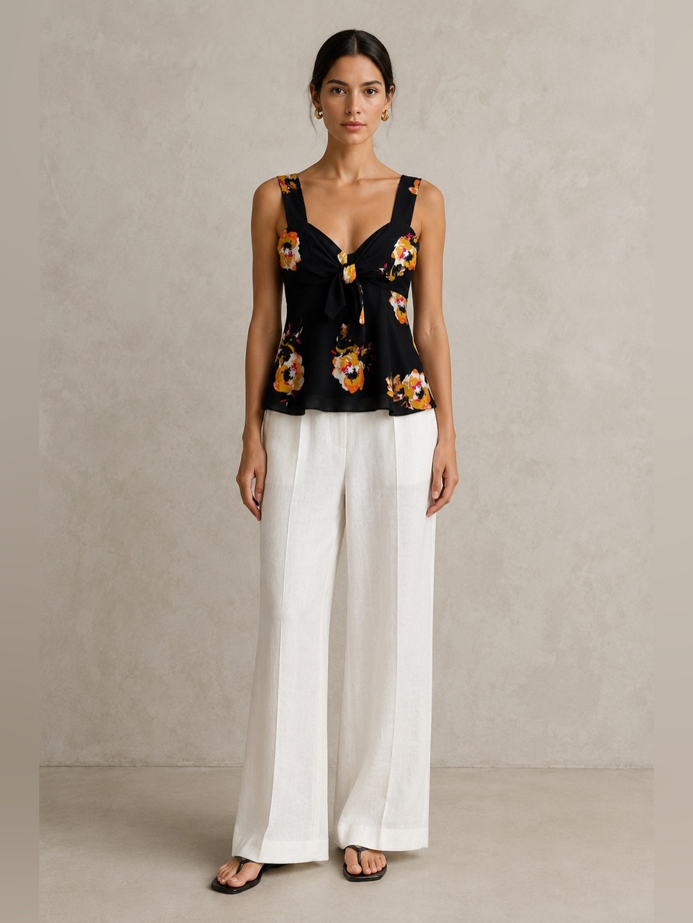 A.L.C. 100% Silk Black Floral Tie Front Peplum Tank Top 6